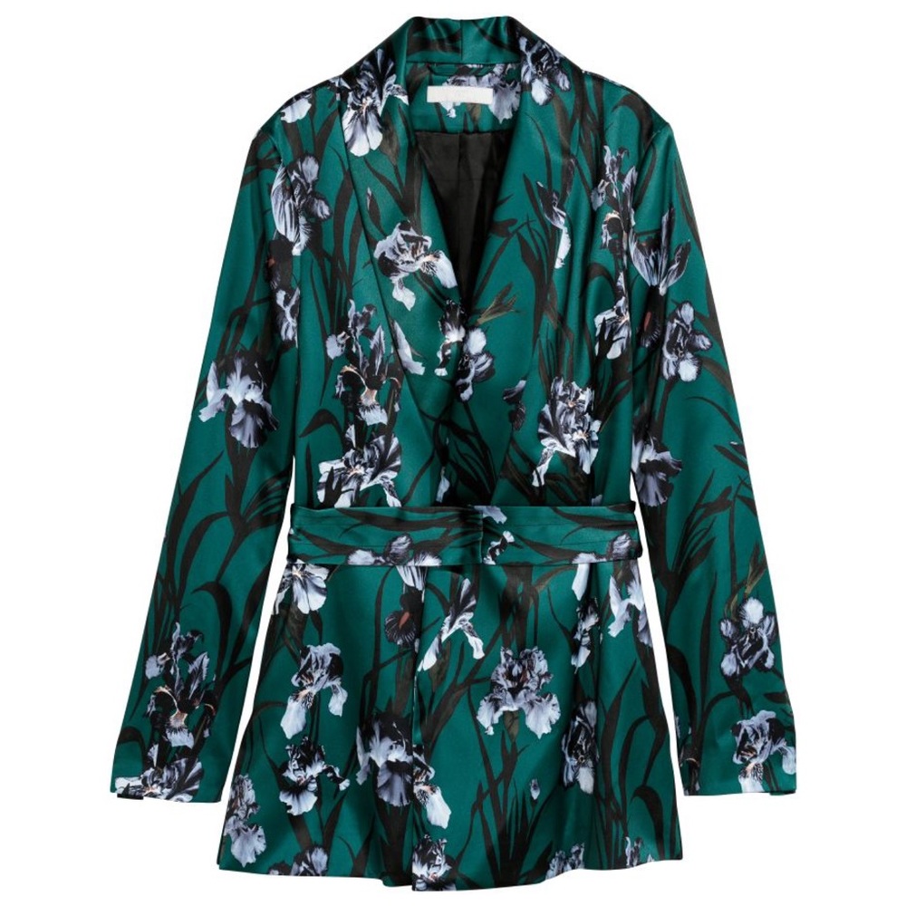 H&M Green Printed Pattern Jacket with Soft, Removable Belt. Size 4.